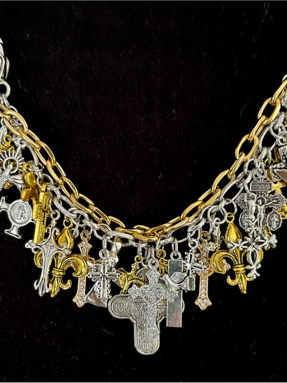 Multi Cross Charm Bracelet Silver and Gold Tone